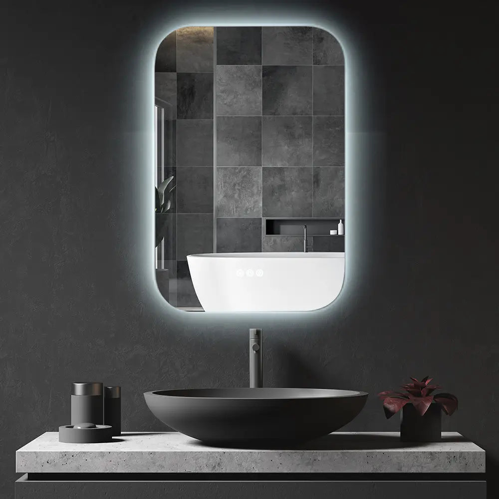 Bathroom LED Lighted Wall Mirror Frameless Rectangular Vertical Round Corners