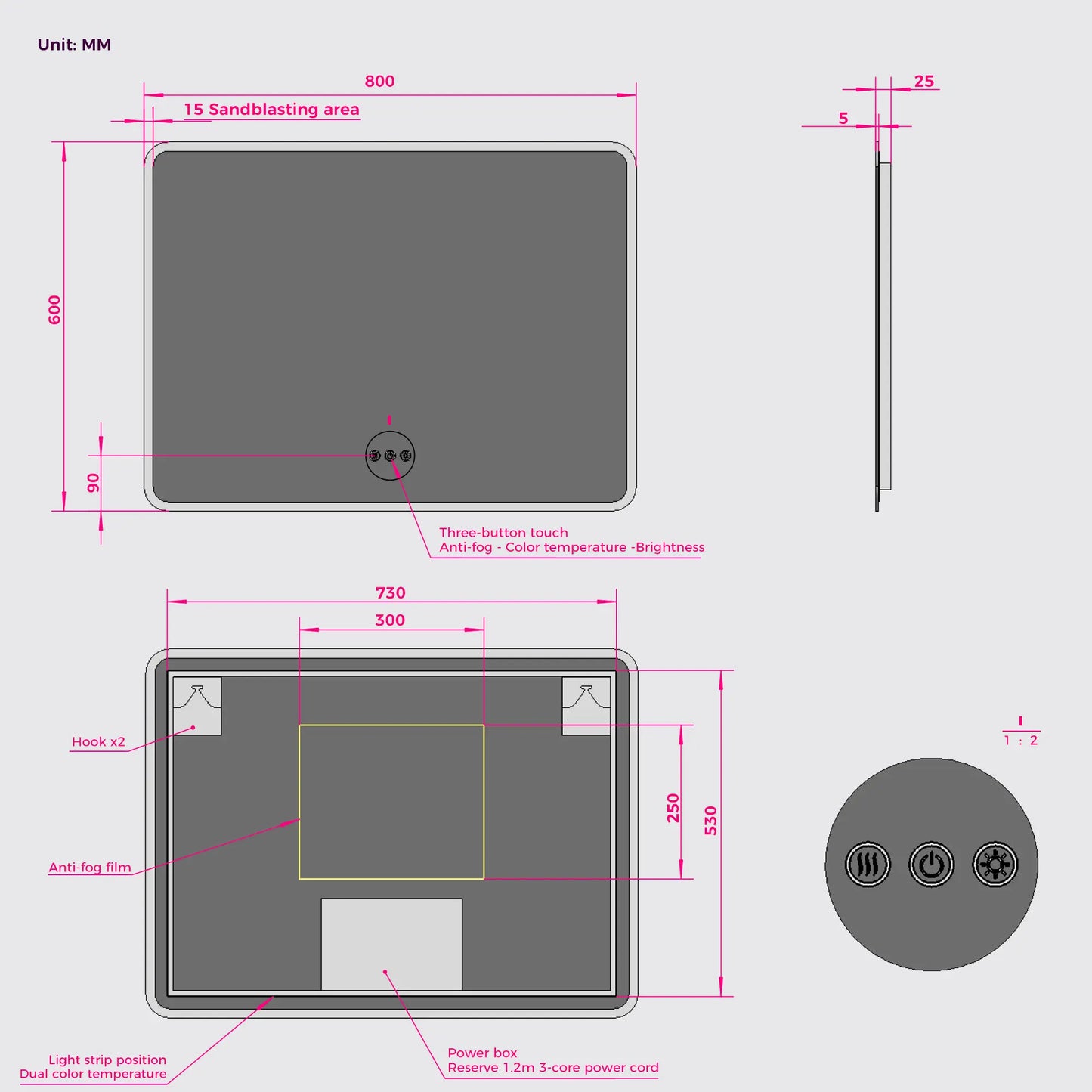 Bathroom LED Wall Mirror Frameless Rectangular Backlit Round Corners