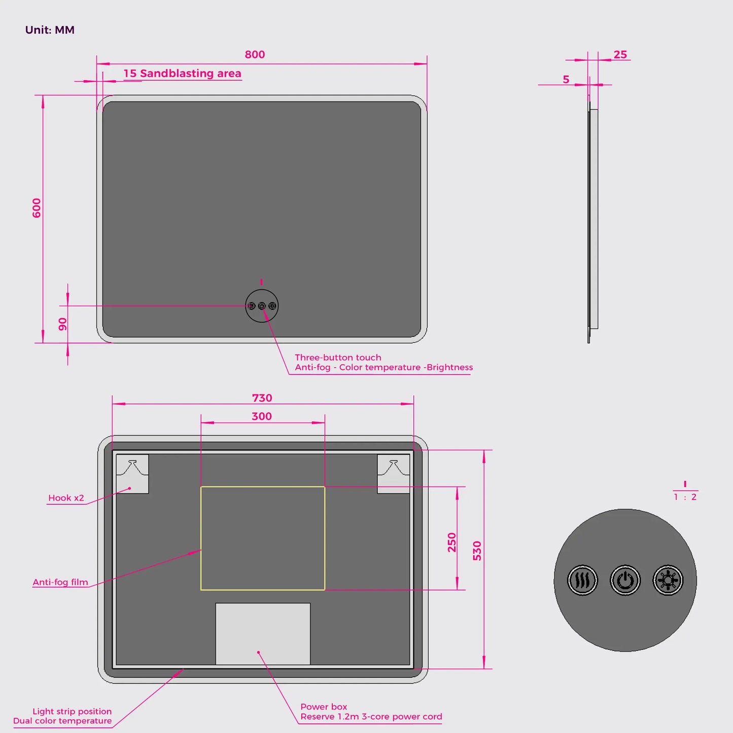 Bathroom LED Lighted Wall Mirror Frameless Rectangular Backlit Round Corners