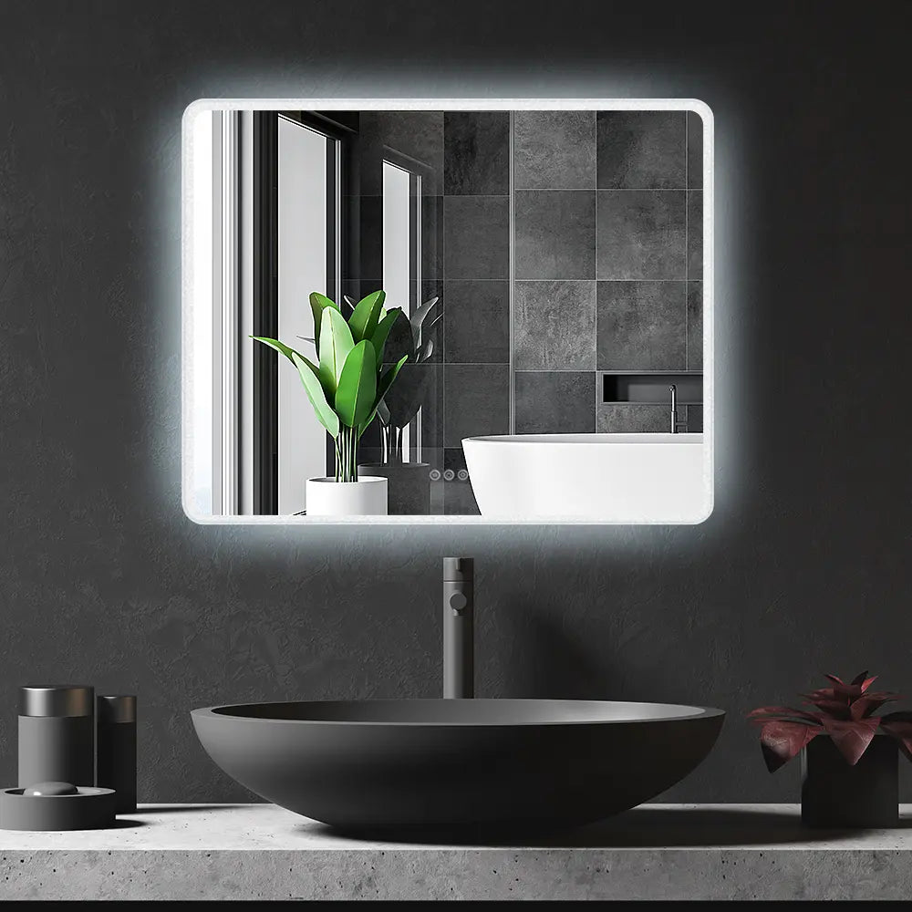 Bathroom LED Lighted Wall Mirror Frameless Rectangular Backlit Round Corners