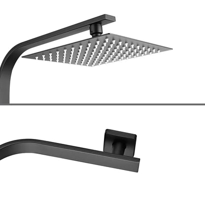 Black shower head and arm set on a white background