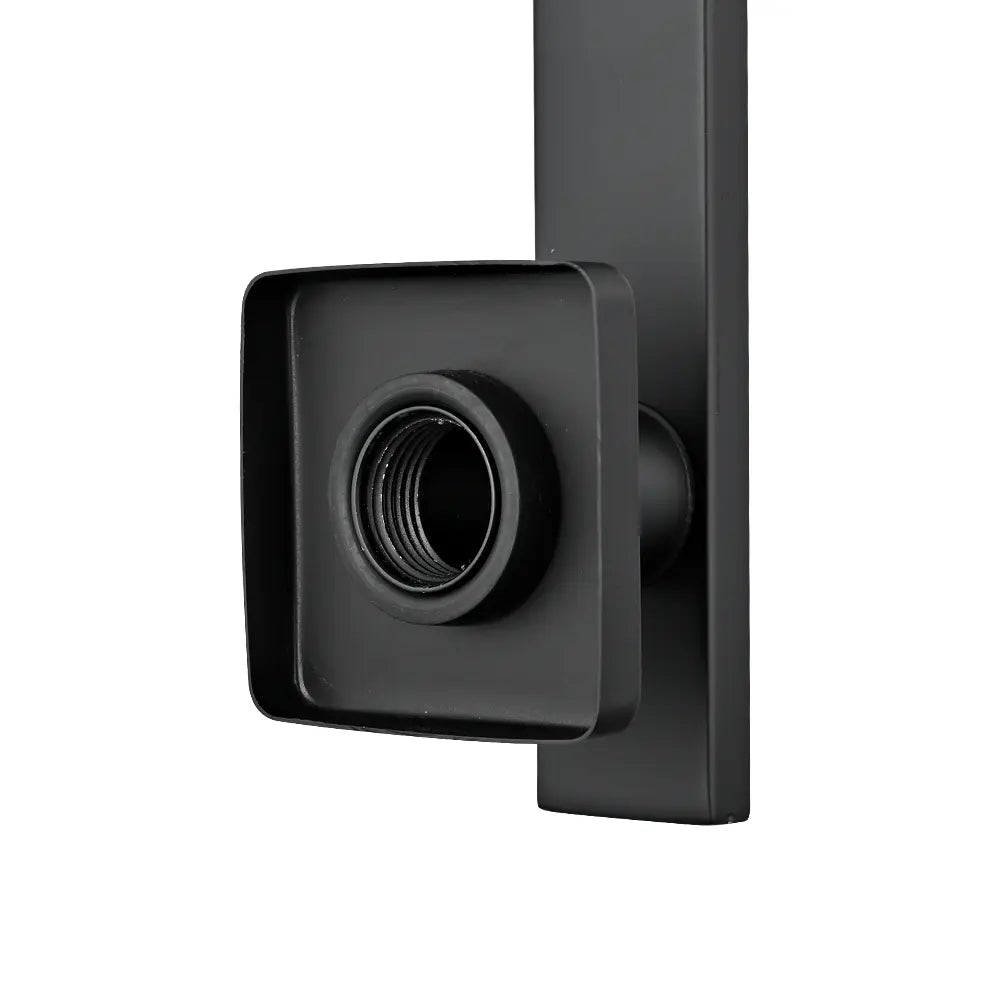 Black square wall-mounted shower arm connector with threaded fitting