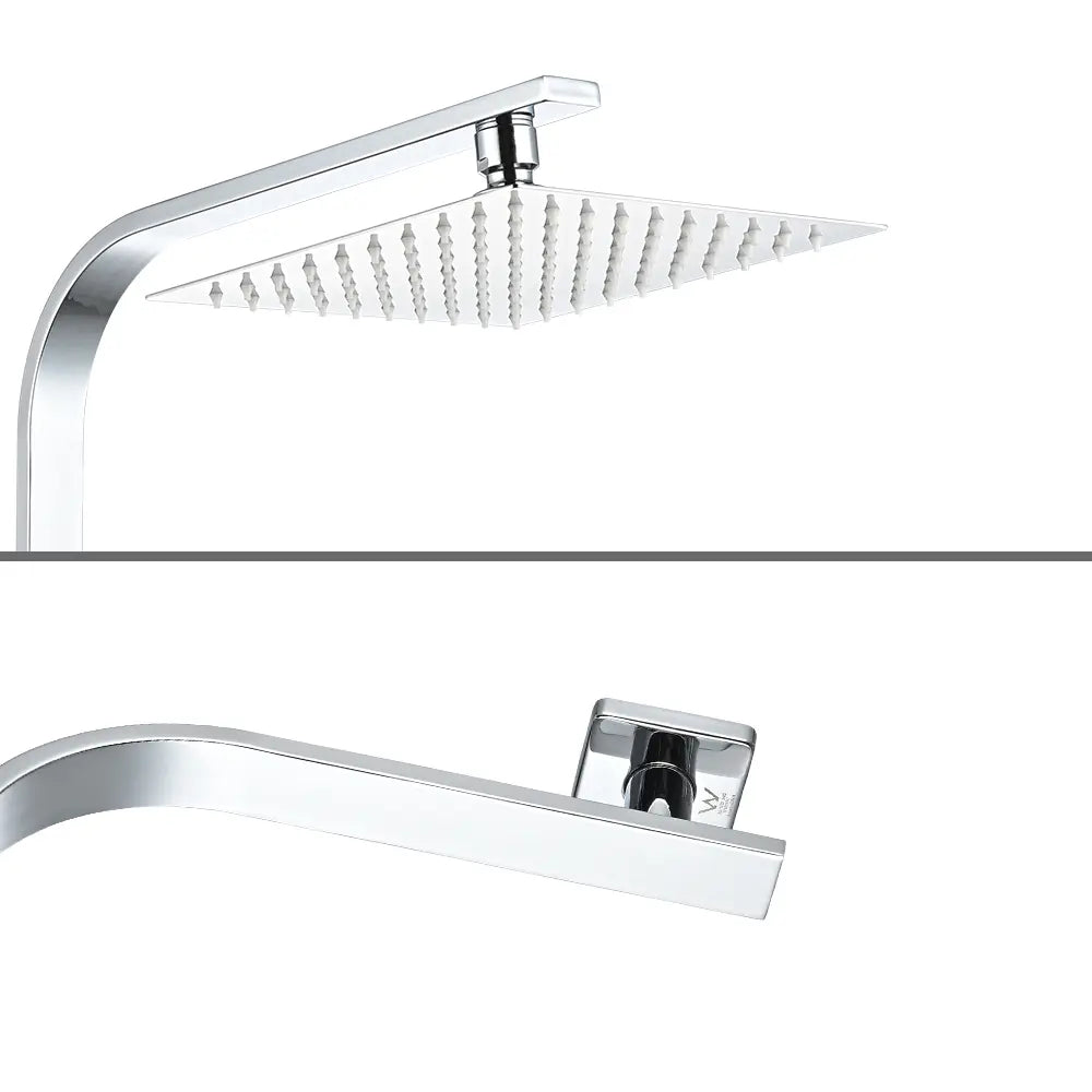 Chrome shower head and control valve on a white background