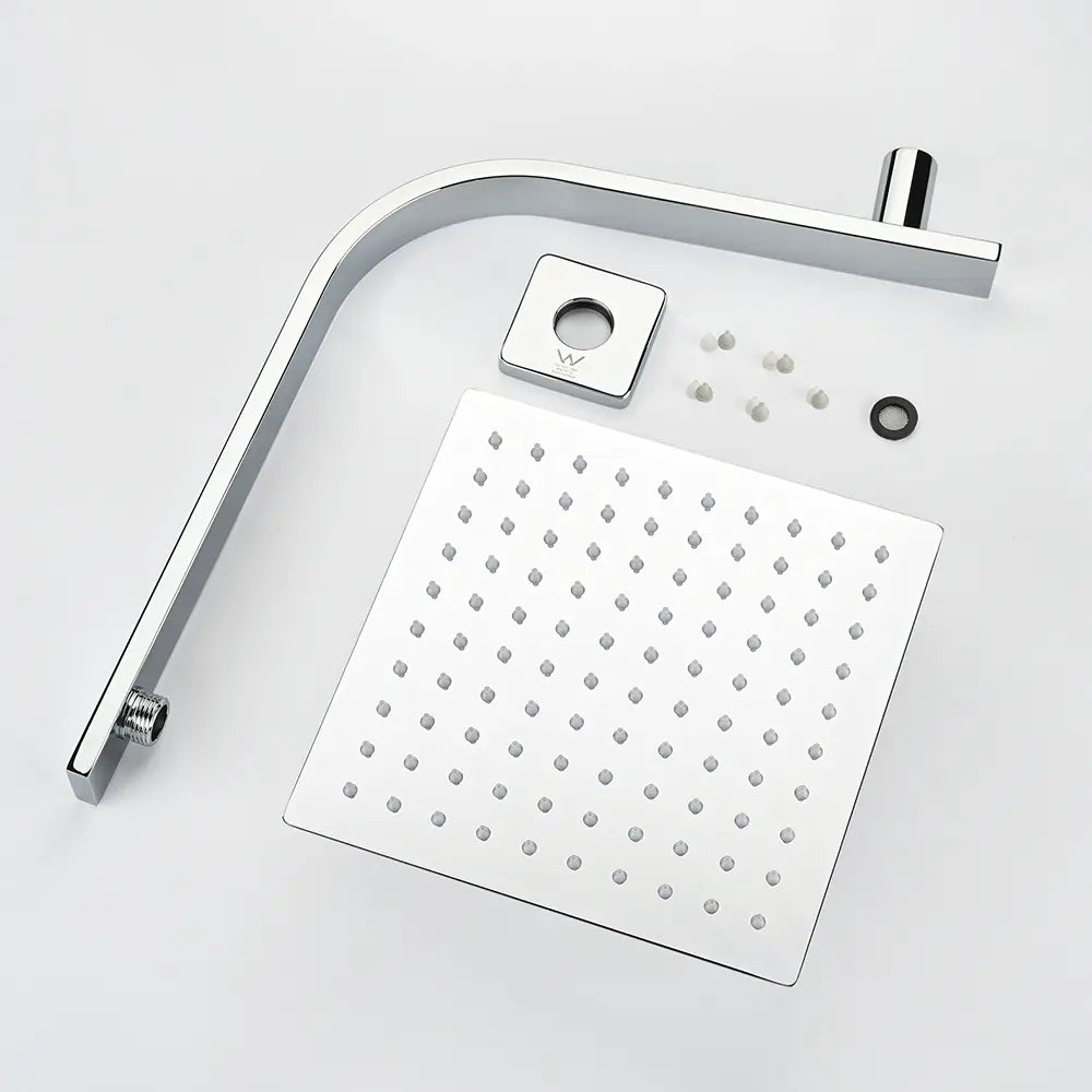 Chrome shower head and arm on a white background