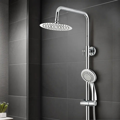 Chrome shower set with rain shower head and handheld shower on a tiled wall.