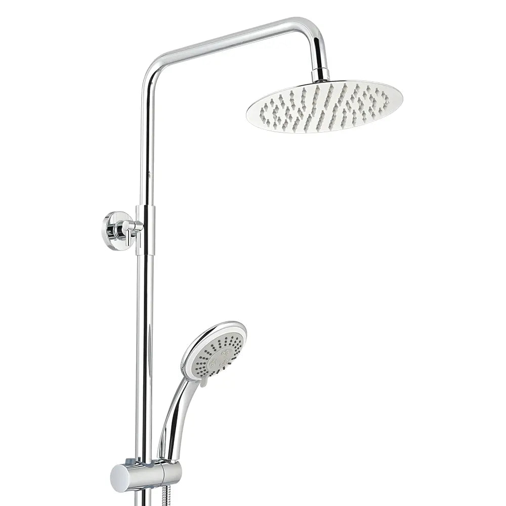 Chrome shower set with two rain shower heads on a white background
