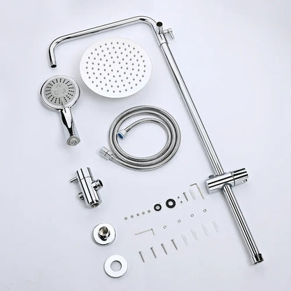 Collection of shower components including a shower head, hose, and various parts on a white background