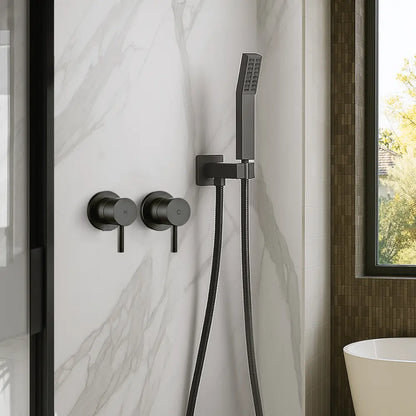 Black shower system mounted on a marble wall with a window in the background.