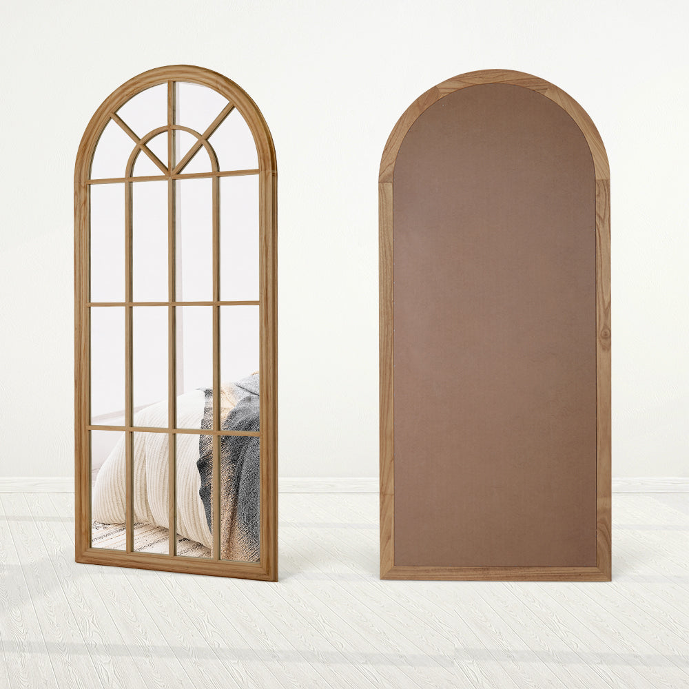 Arched window-style wall mirror with natural wood frame showing front and back view.