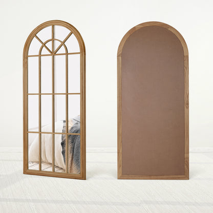 Arched window-style wall mirror with natural wood frame showing front and back view.