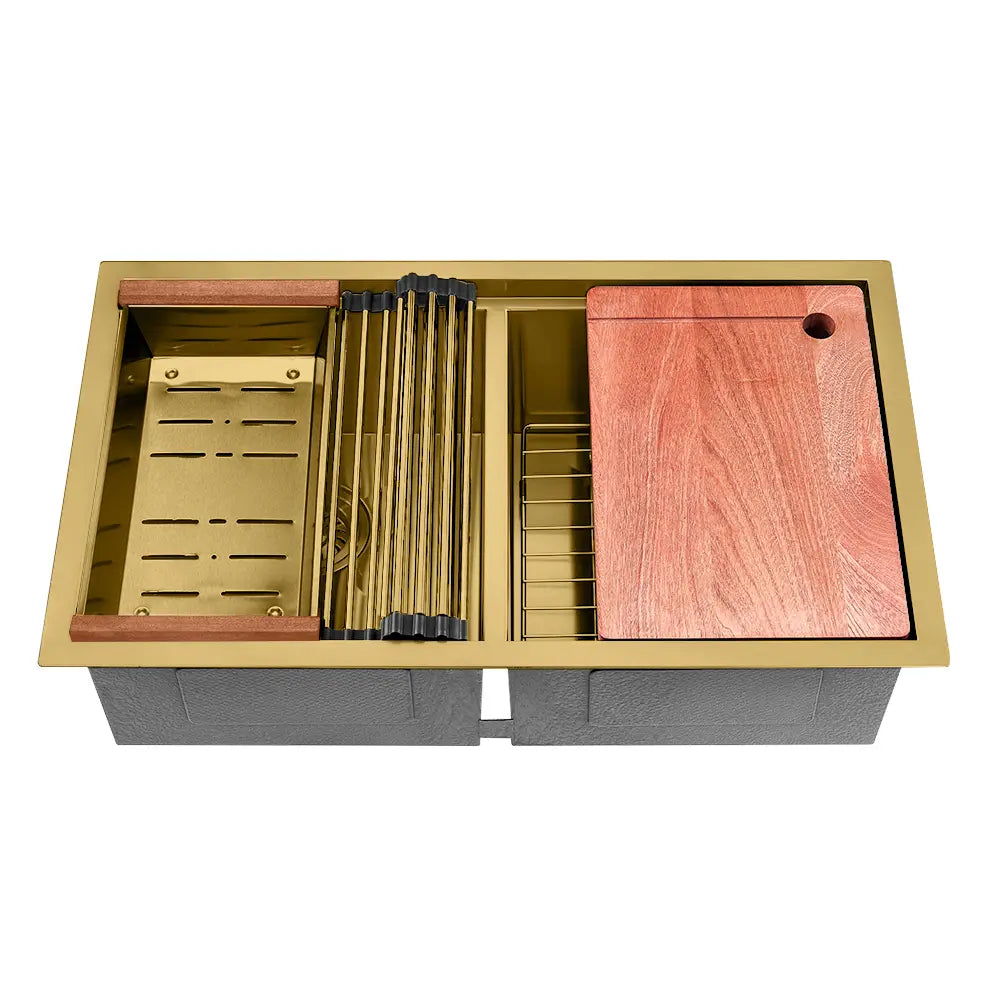 Sima-X 750x450mm double bowl kitchen sink with 8-piece accessory set in gold