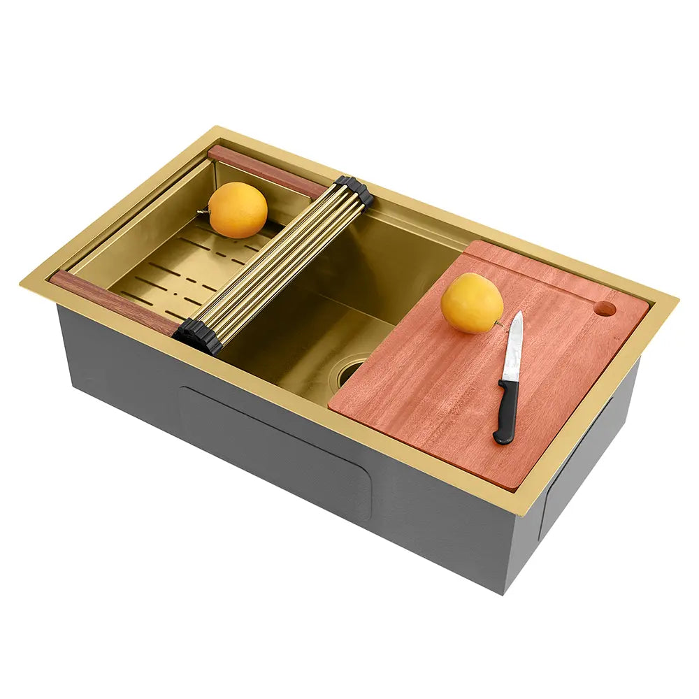 Sima-X single bowl sink workstation with cutting board in gold