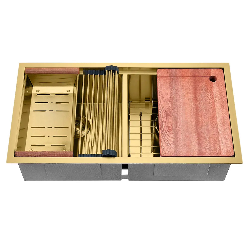 Multi-functional Sima-X double bowl kitchen sink with accessories in color gold