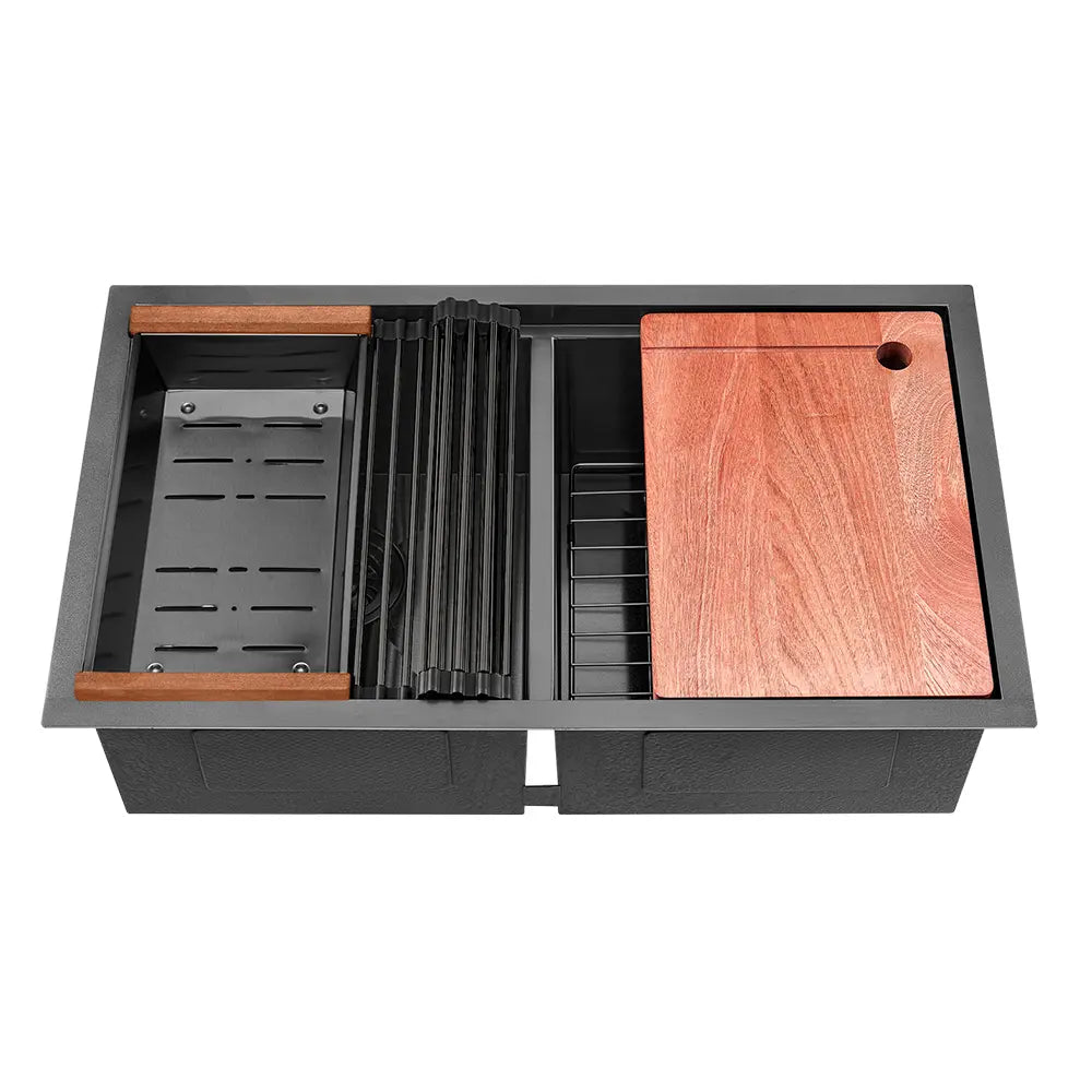 Sima-V 750x450mm Double Bowl Kitchen Sink 8Pc Workstation