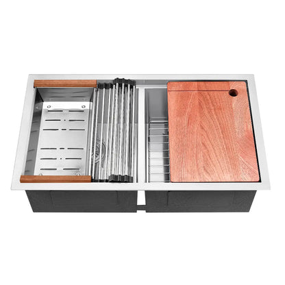 Sima-V 750x450mm Double Bowl Kitchen Sink 8Pc Workstation