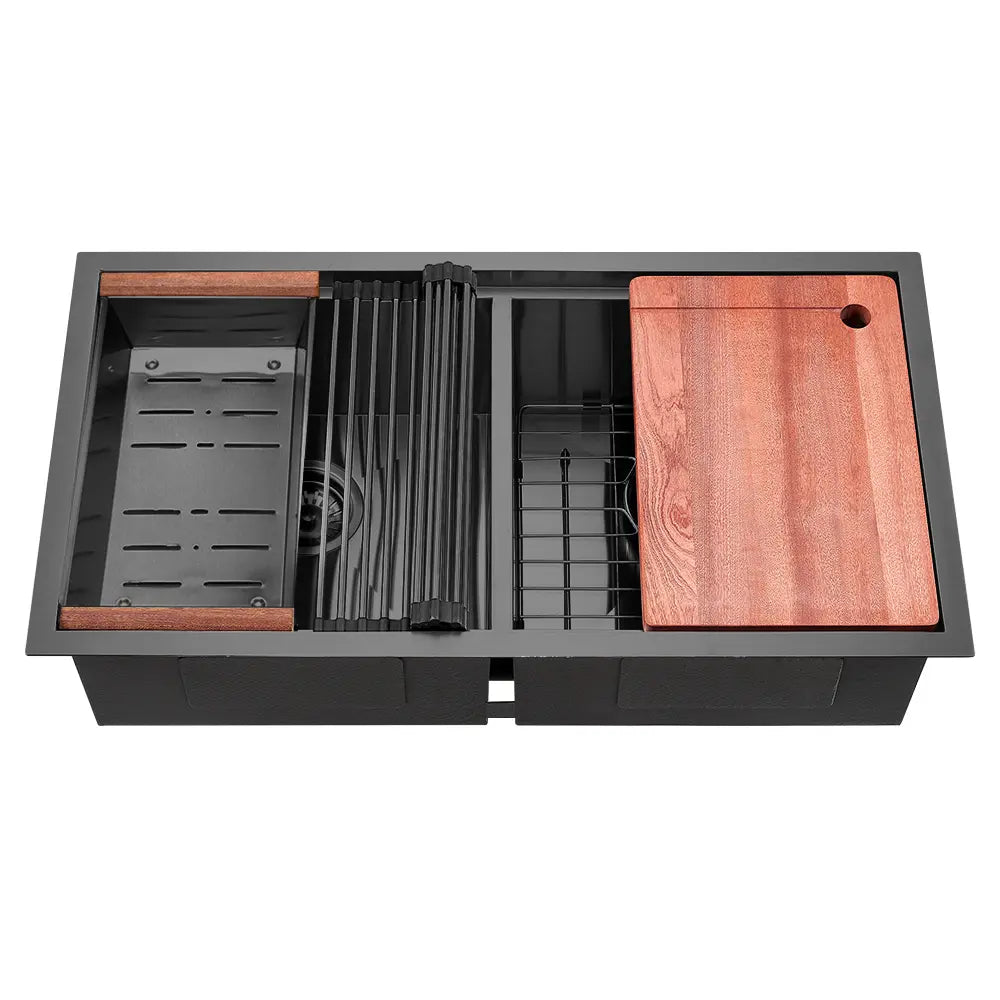 Sima-V 820x450mm Double Bowl Kitchen Sink 8Pc Workstation